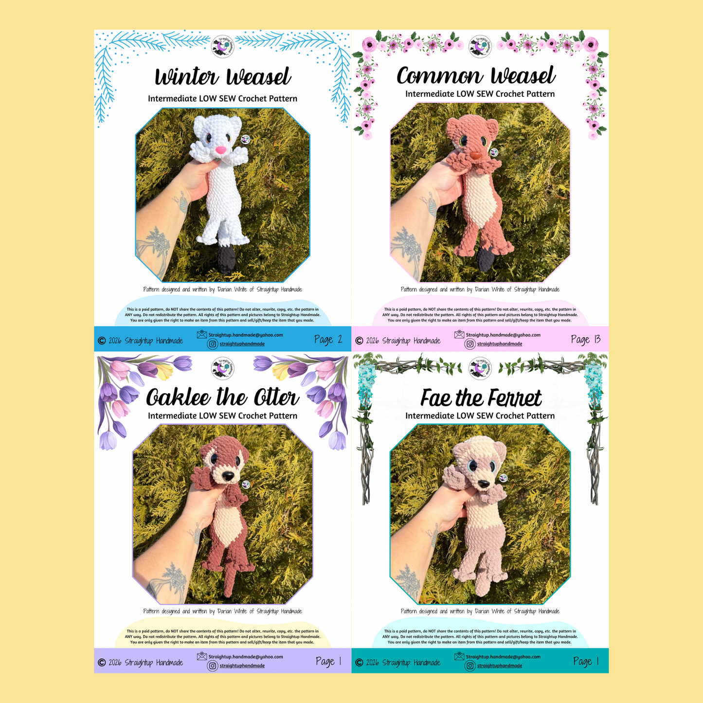BUNDLE Ferret, Otter, Winter Weasel & Common Weasel LOW SEW Crochet Pattern